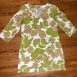 BODEN 100% Linen Green Floral Retro Print Tunic Dress 3/4 Sleeve Size US10